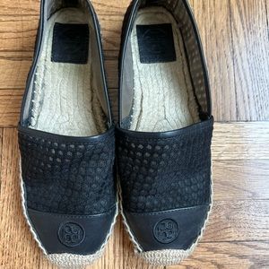 Black mesh/veg Tori Burch leather espadrille. Only worn once!